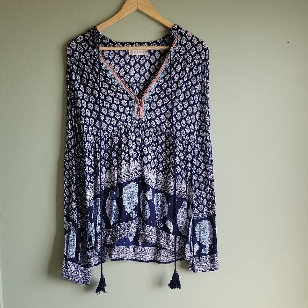 Altar'd State Navy and White Boho Chic Coastal Grandma Blouse Size S